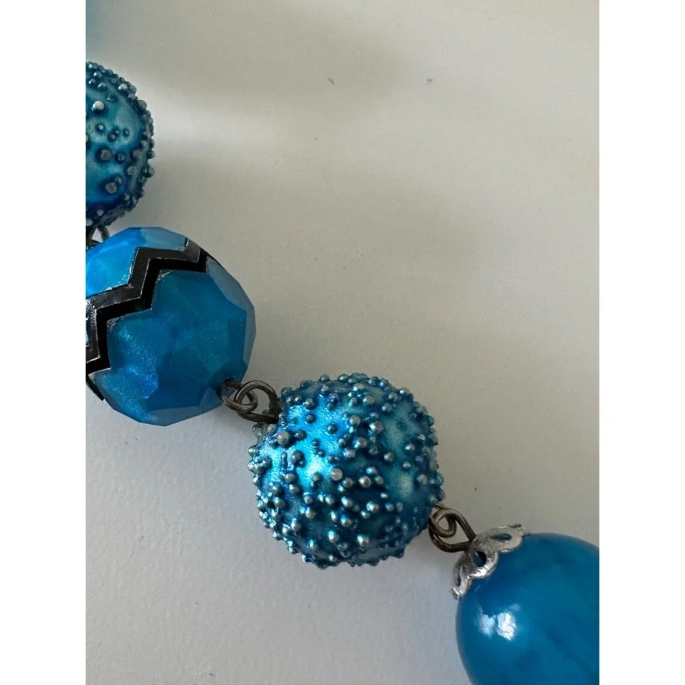 VTG Sugar Caged Beaded‎ Necklace Aqua Blue Horseshoe Pendant Crystals Hong Kong